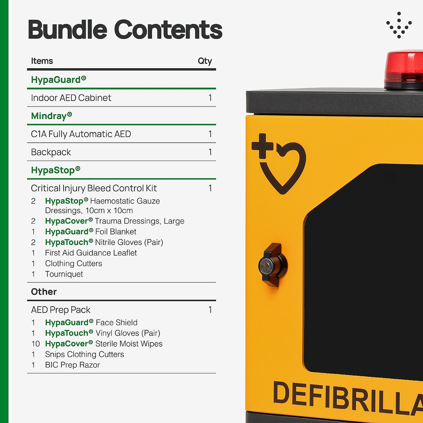 Mindray C1A AED Bundle with HypaStop Bleed Control Kit & HypaGuard Indoor Cabinet
