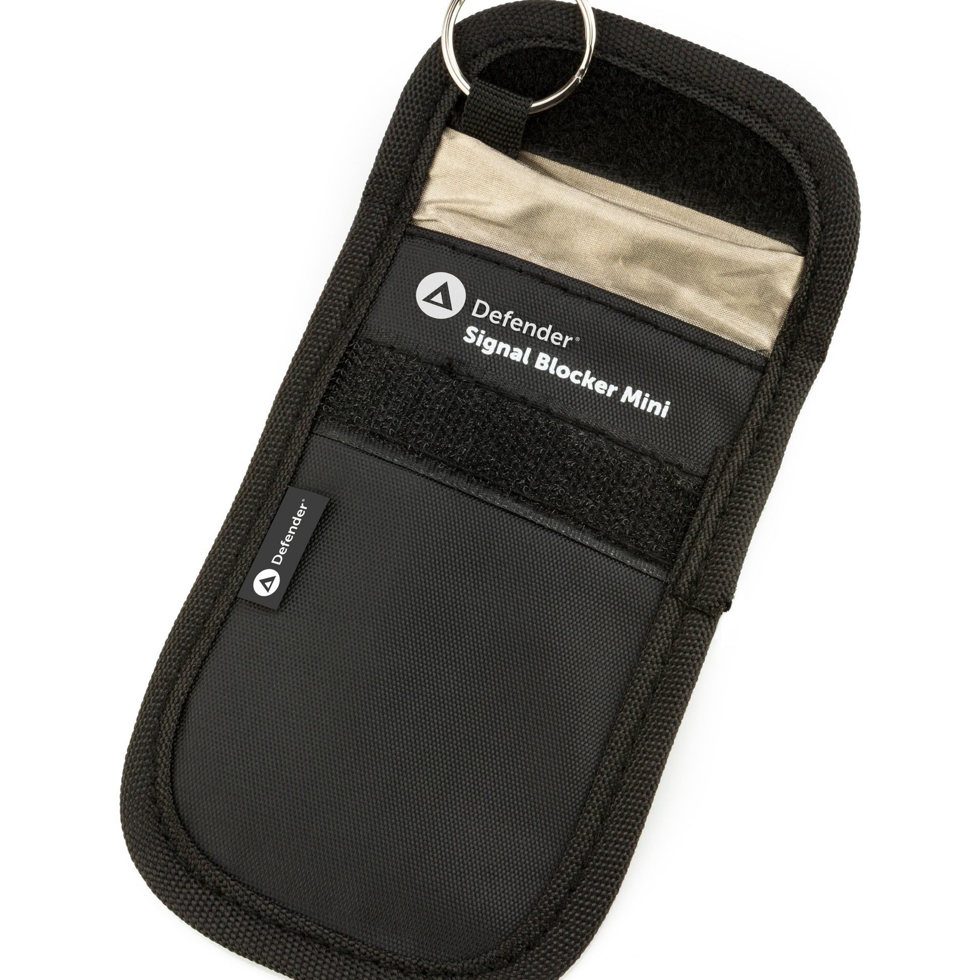 A black Defender Signal Blocker Mini keychain pouch with a silver metal key ring, shown on a clean white background.