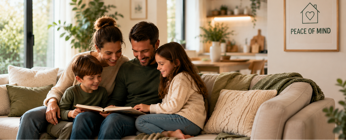 A family of four sits together on a beige sofa in a cozy, modern living room, reading a book. The room features warm lighting, plants, and a framed 'SAFE HOME PEACE OF MIND' sign on the wall.