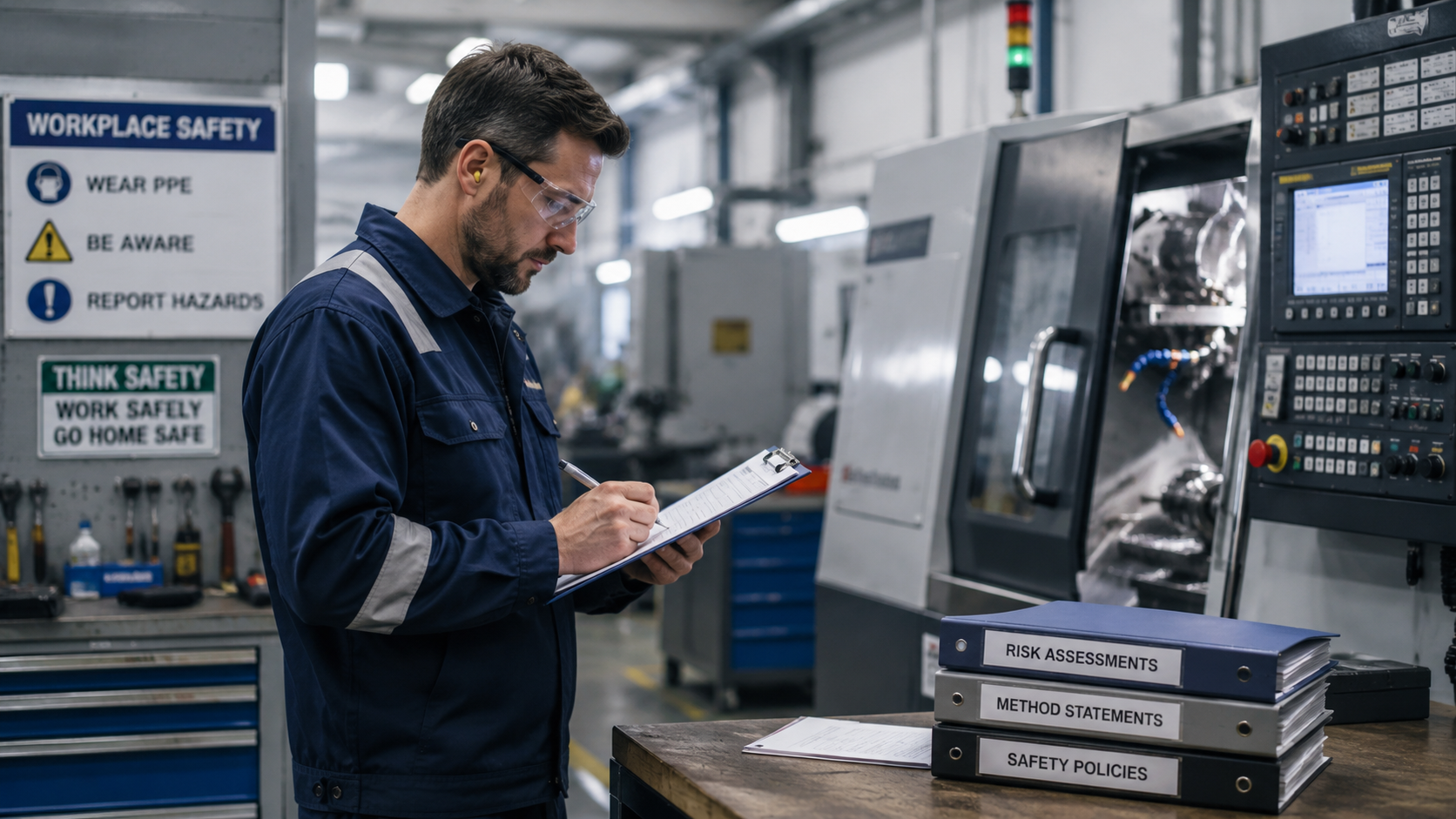A male industrial engineer or safety officer in a blue work jacket and safety glasses is writing on a clipboard in a modern factory setting. On the table next to him are three blue and gray binders labeled 'RISK ASSESSMENTS', 'METHOD STATEMENTS', and 'SAFETY POLICIES